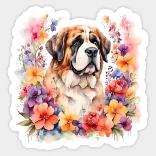 A st bernard dog decorated with beautiful watercolor flowers Sticker